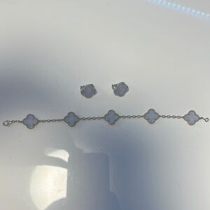 Clover Mother of Pearl Blue Earrings Necklace Jewelry Set